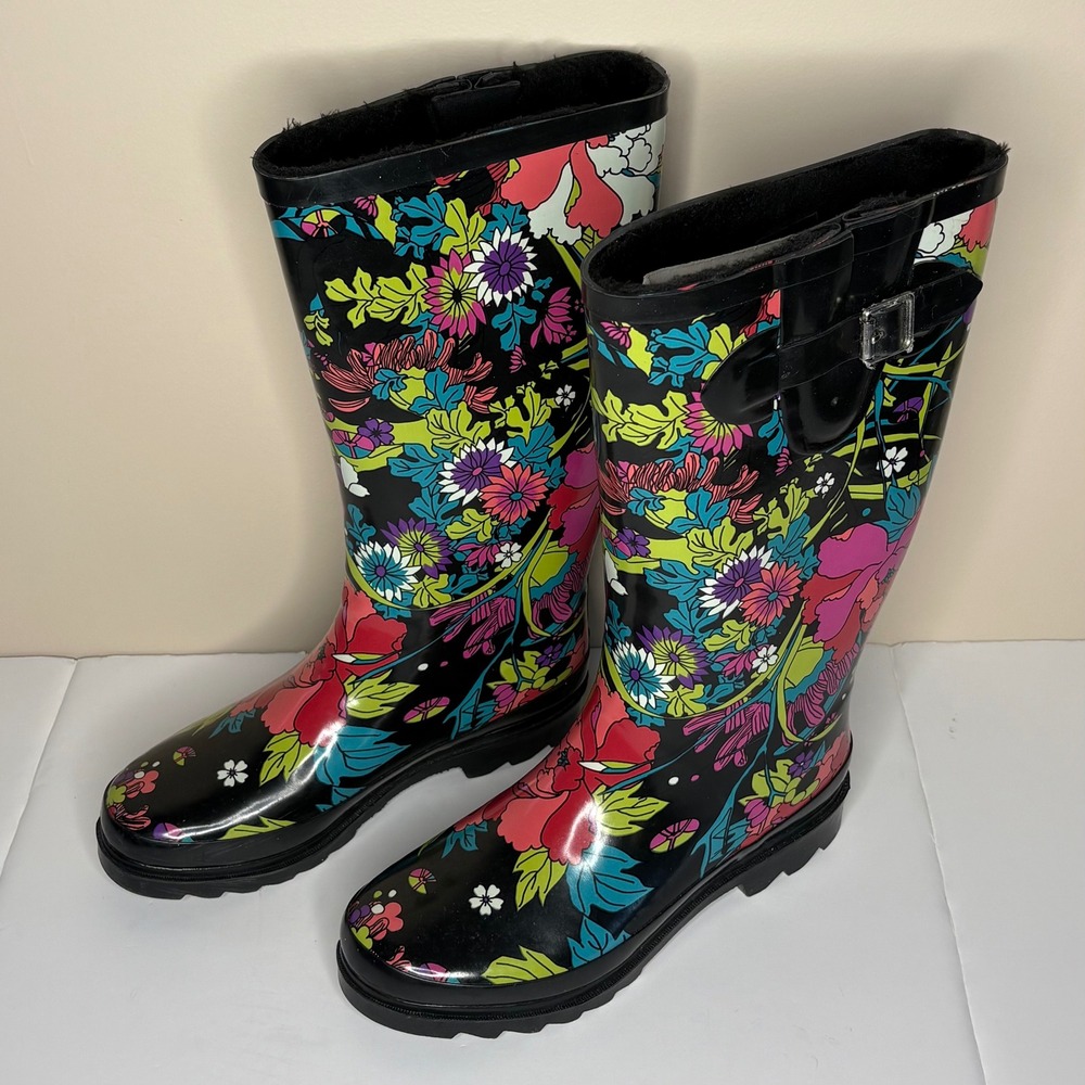 Sackroots Rhythm rainboot floral‎ pattern, fleece lining, mid calf, Sz 8, women,